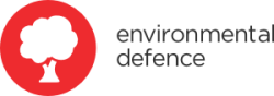 logo for Environmental Defense. On left is a red circle w a white stylized tree in middle. On right is organization name: environmental defence.